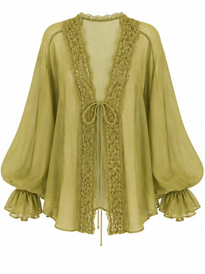 Olive Dantelli Transparan Bluz - 5108