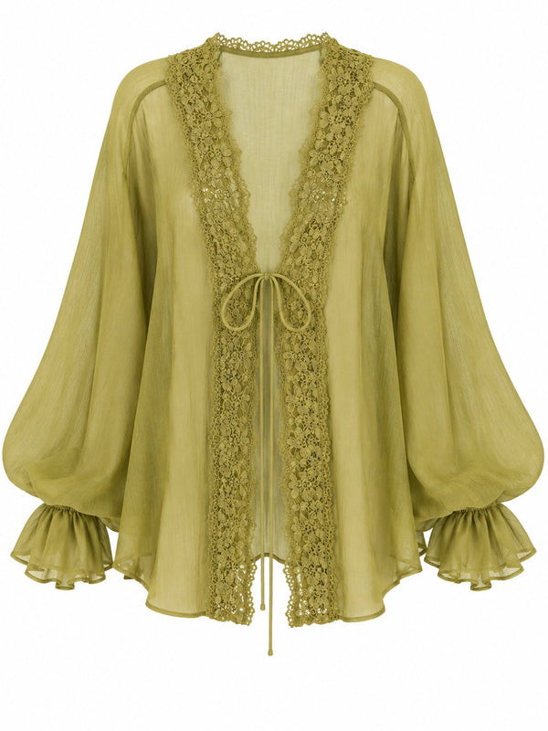 Olive Dantelli Transparan Bluz - 5108