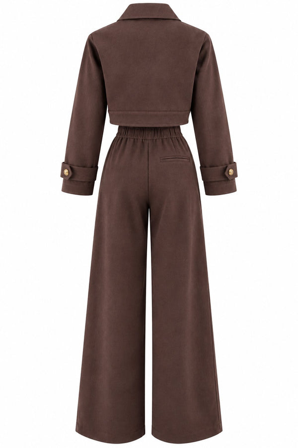Kahverengi Kot Crop Ceket Pantolon Takım - 2y51244