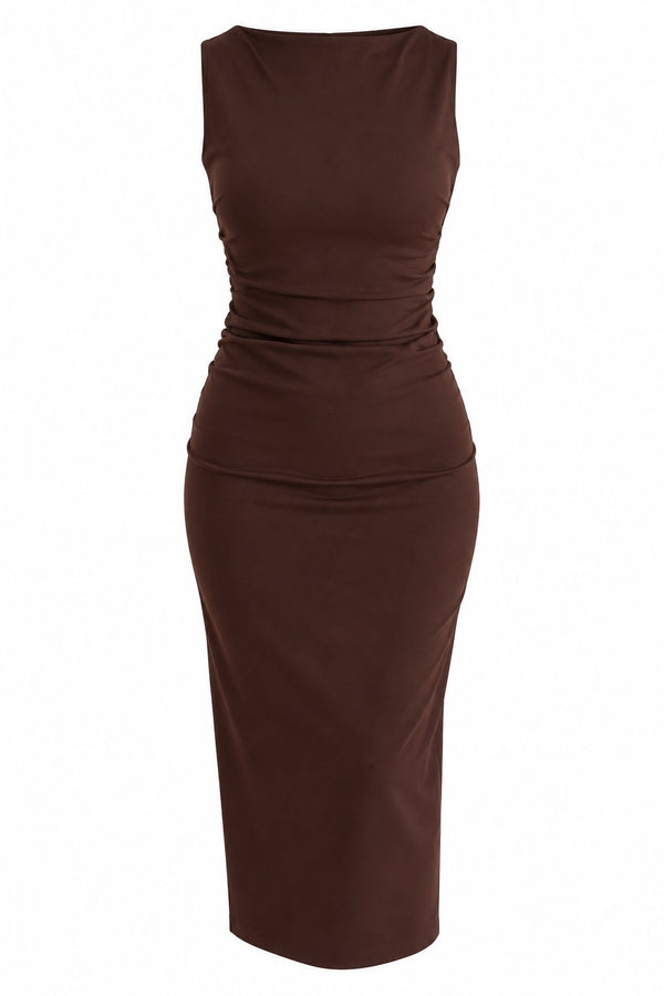 Kahverengi Drape Detaylı Midi Yırtmaçlı Elbise - 2y0506