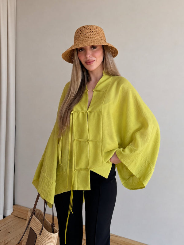 Yağ Yeşili İp Bağcıklı Transparan Kimono - 5098
