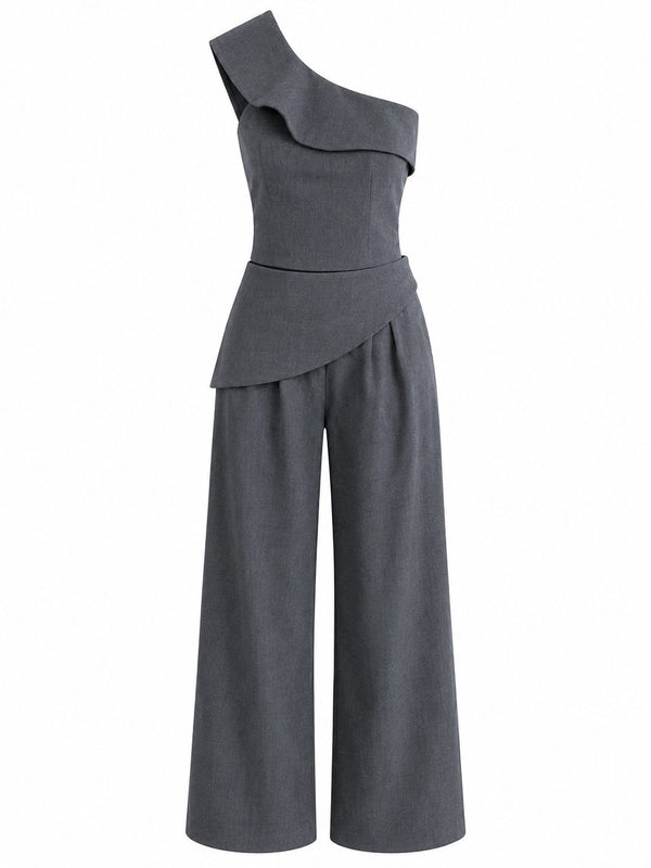 Gri Tasarım Yaka Bluz Pantolon Takım - TK8003