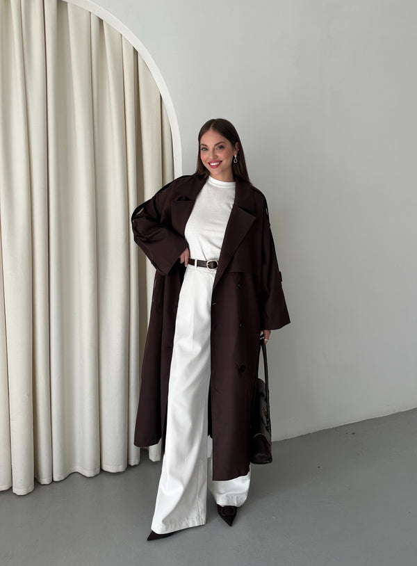 Acı Kahve Lucky Düğme Detaylı Oversize Trençkot