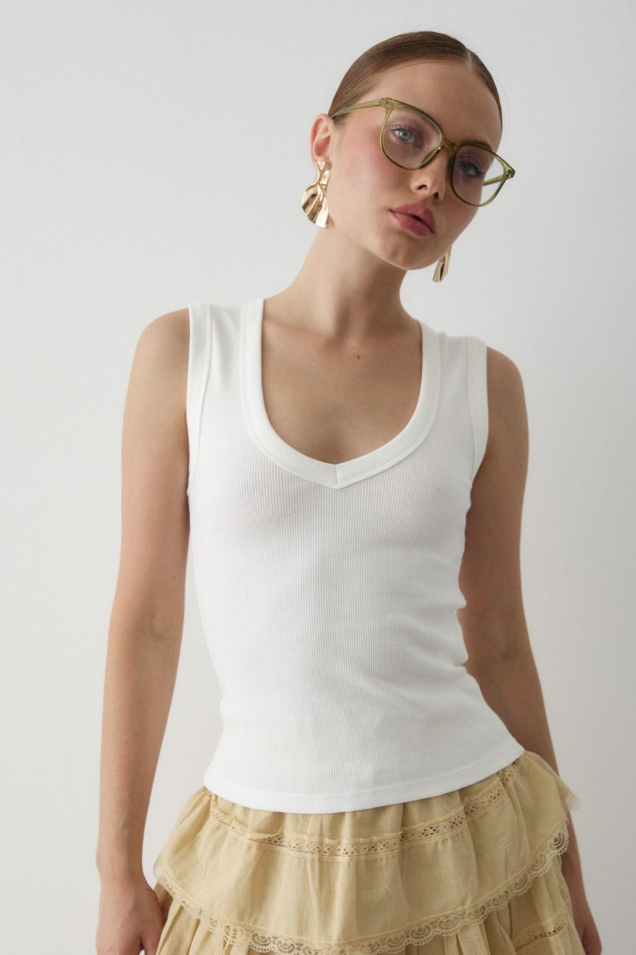 Açık Ekru V Yaka Fitilli Bluz