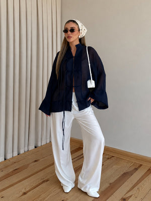 Lacivert İp Bağcıklı Transparan Kimono - 5098