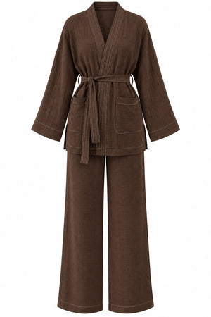 Kahverengi %100 Pamuk Cepli Kuşaklı Kimono Takım - 2y8491