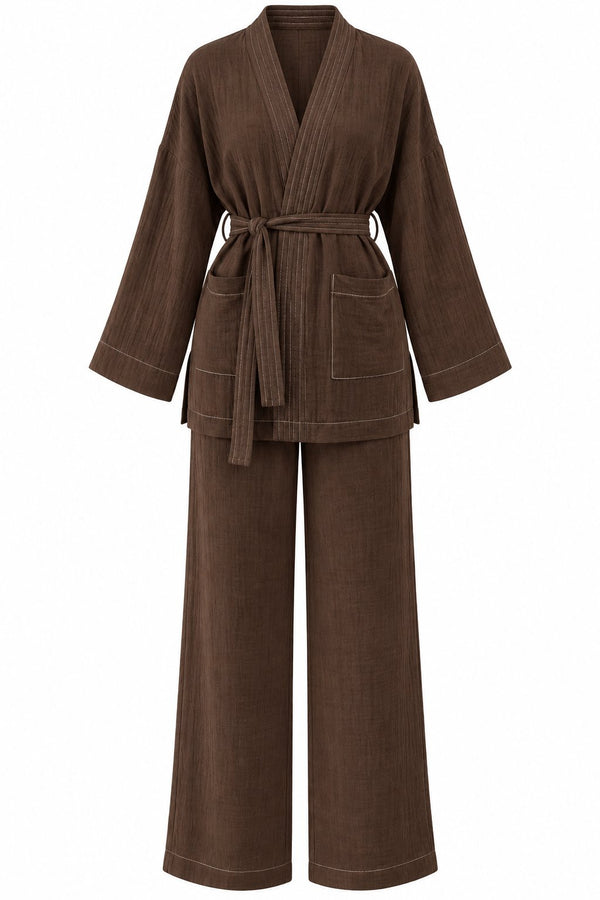 Kahverengi %100 Pamuk Cepli Kuşaklı Kimono Takım - 2y8491