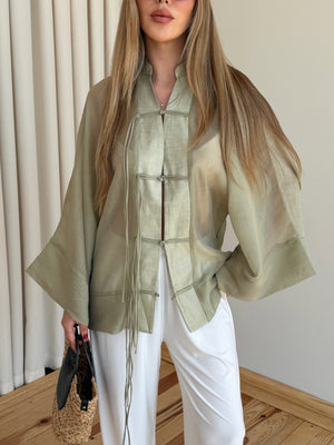 Adaçayı İp Bağcıklı Transparan Kimono - 5098
