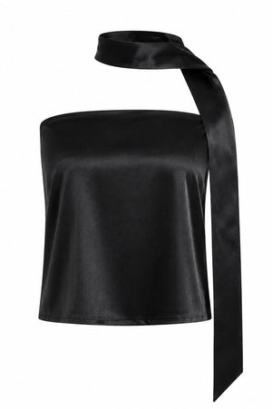 Siyah Straplez Fularlı Saten Bluz - 1275