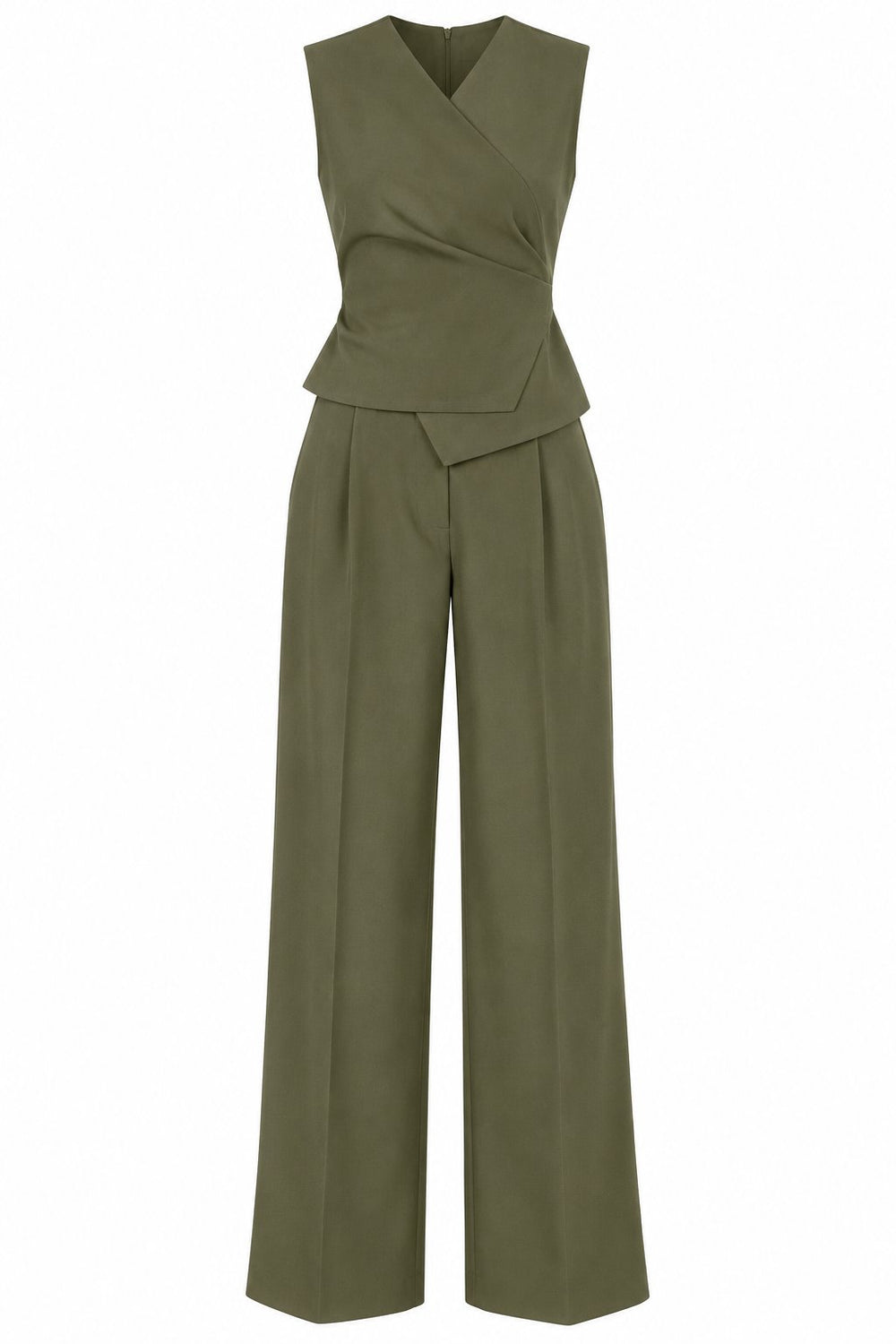Haki Donna Kruvaze Yaka Yelek Pantolon Takım - 3y8496