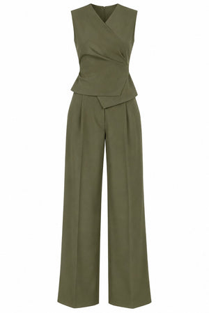 Haki Donna Kruvaze Yaka Yelek Pantolon Takım - 3y8496