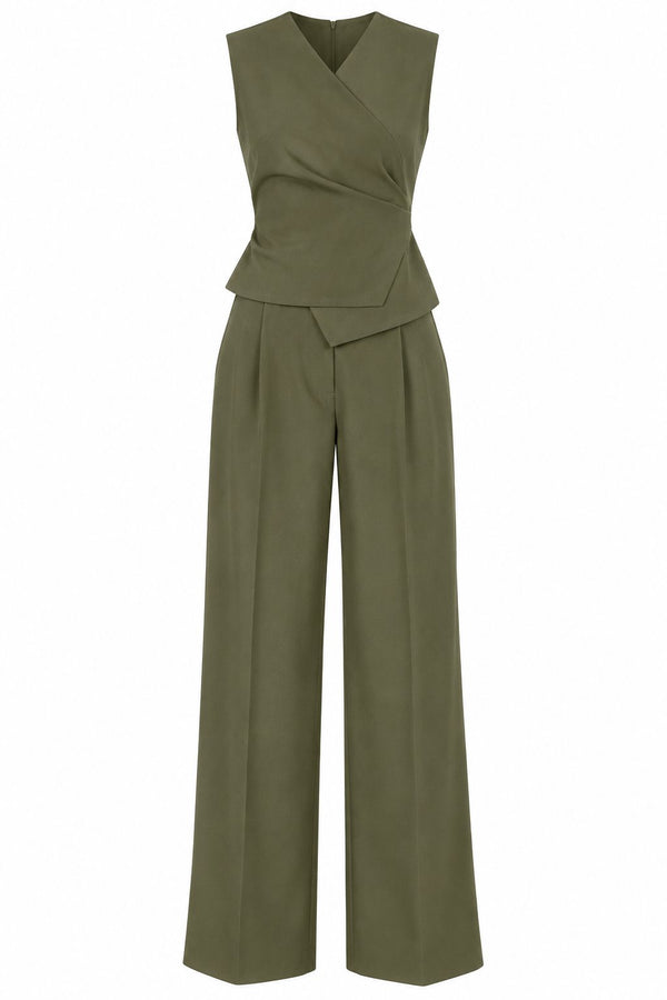Haki Donna Kruvaze Yaka Yelek Pantolon Takım - 3y8496