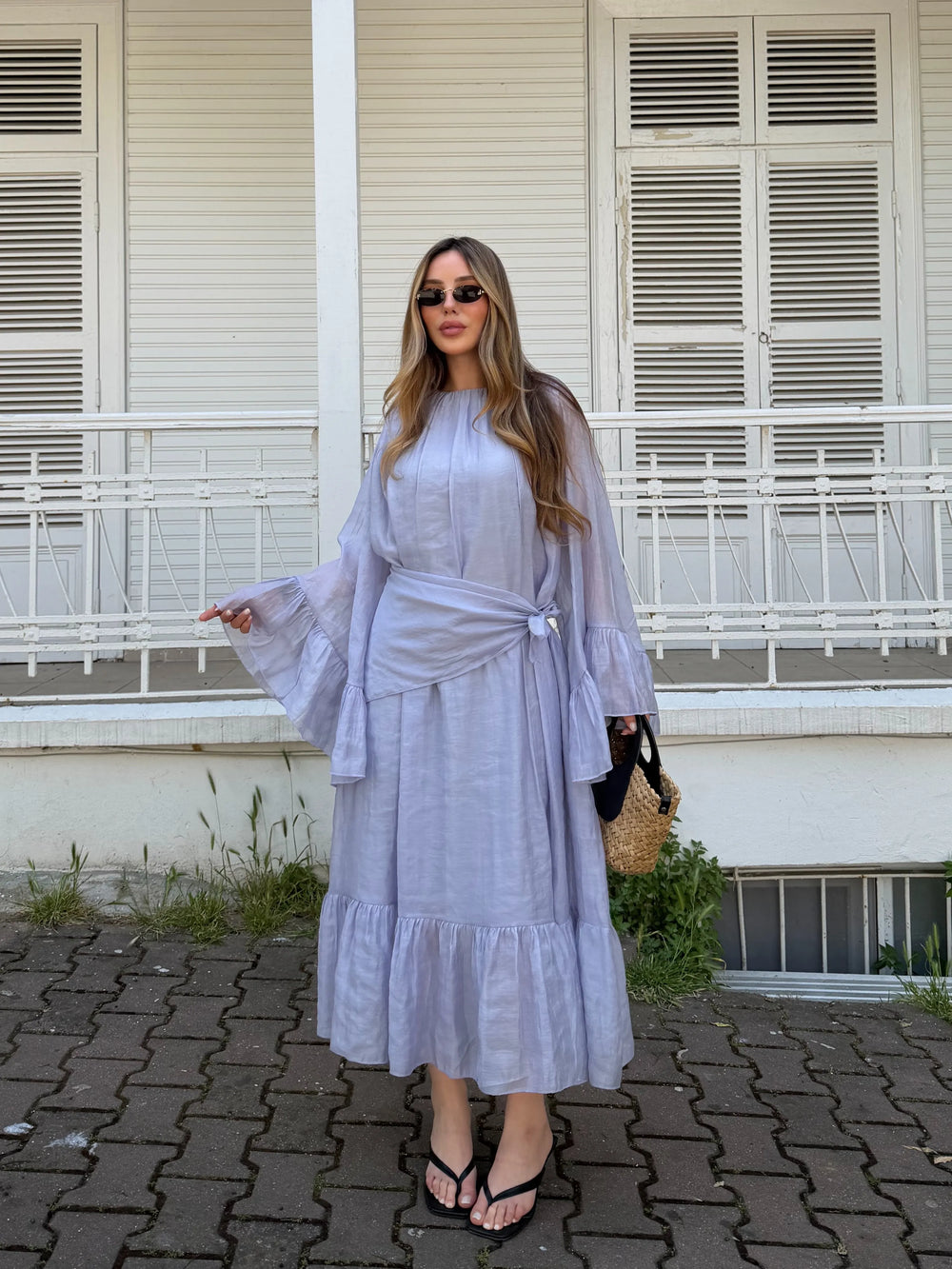 Lila Şallı Büzgülü Elbise - 3404