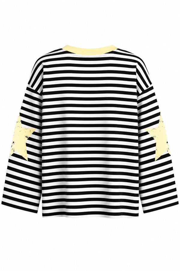 Sarı Yaka Creative Baskılı Çizgili Tshirt - 1127