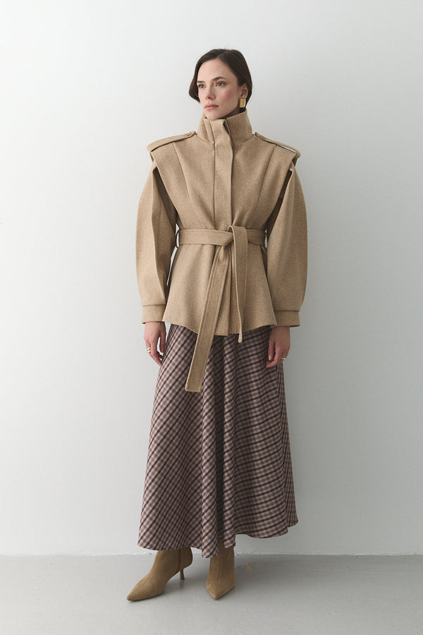 Bej Apoletli Vatkalı Kaşe Kaban - 1005