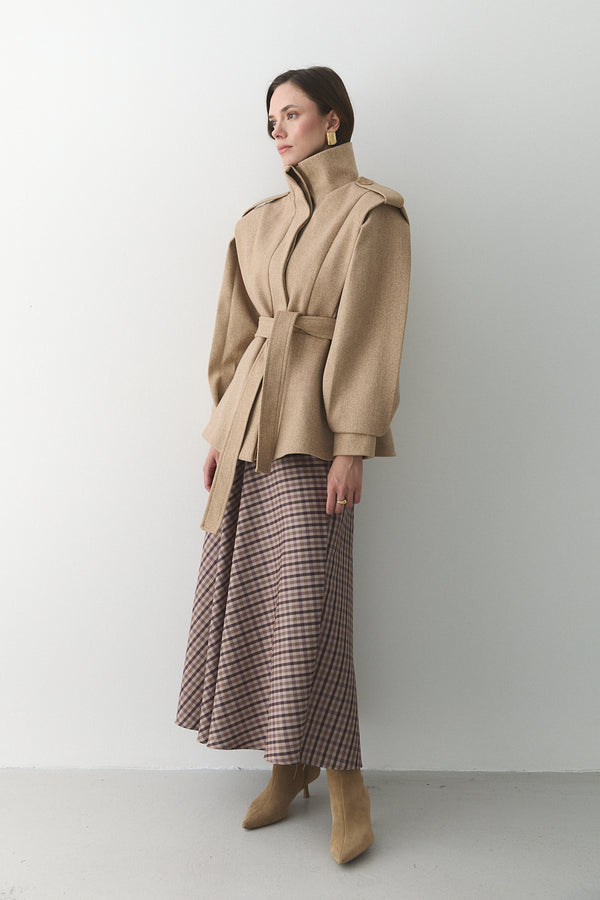 Bej Apoletli Vatkalı Kaşe Kaban - 1005