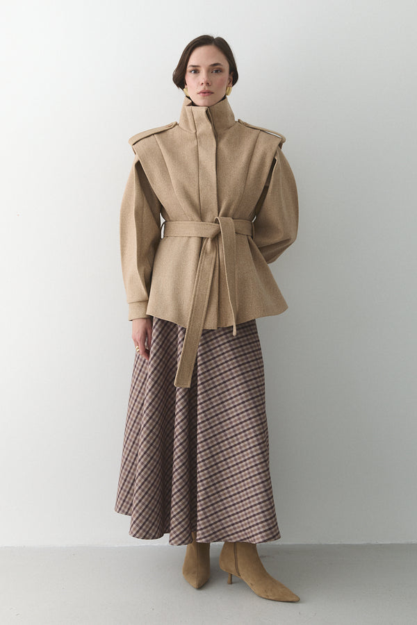 Bej Apoletli Vatkalı Kaşe Kaban - 1005