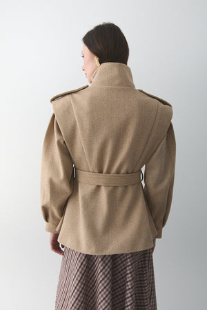 Bej Apoletli Vatkalı Kaşe Kaban - 1005