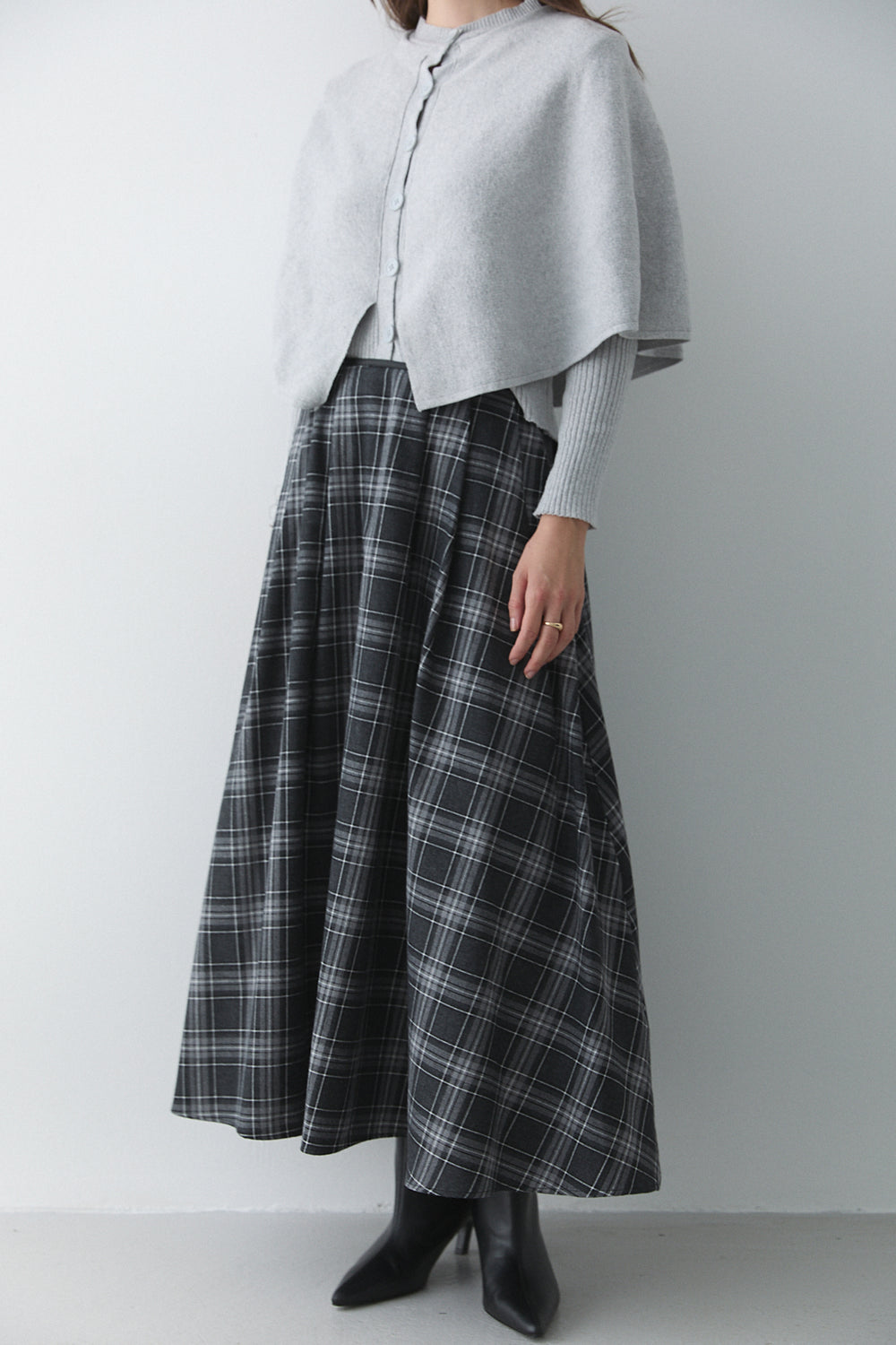 Antrasit Gri Deri Şeritli Ekoseli Etek - 4977