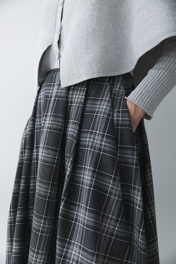 Antrasit Gri Deri Şeritli Ekoseli Etek - 4977