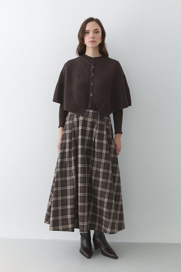 Kahverengi Deri Şeritli Ekoseli Etek - 4977