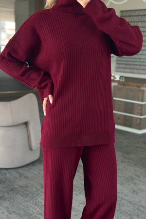 Bordo Boğazlı Fitilli Triko Takım - 4671