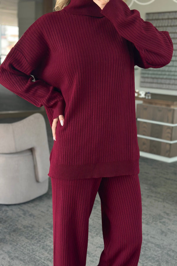 Bordo Boğazlı Fitilli Triko Takım - 4671