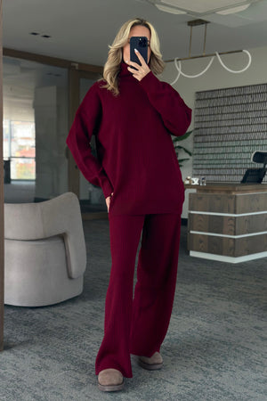 Bordo Boğazlı Fitilli Triko Takım - 4671