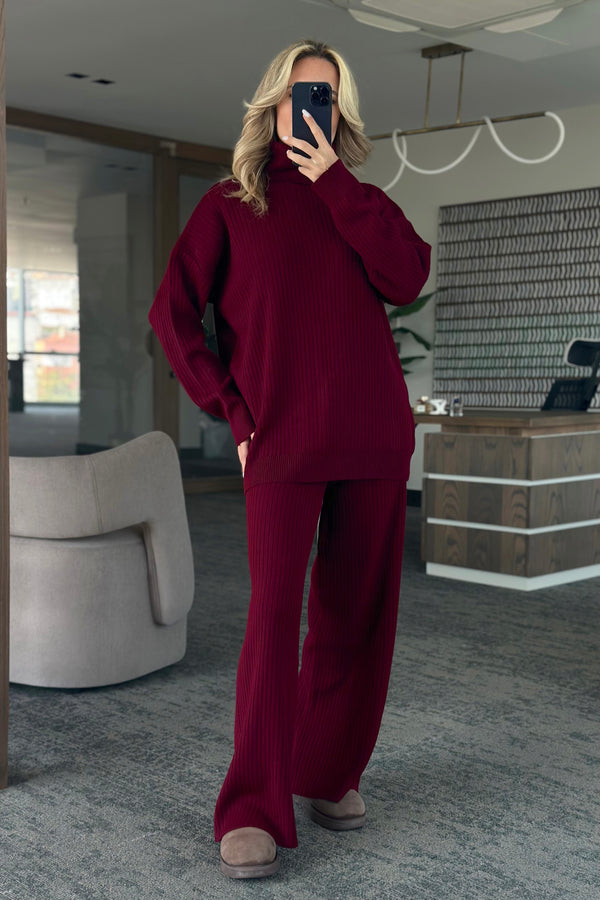 Bordo Boğazlı Fitilli Triko Takım - 4671