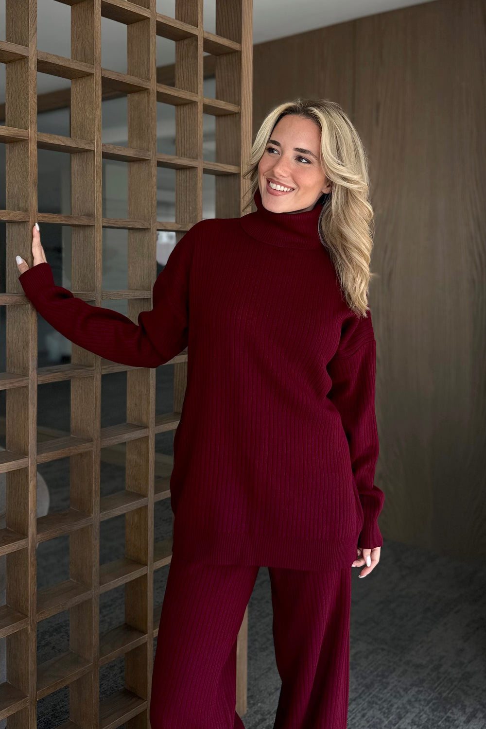 Bordo Boğazlı Fitilli Triko Takım - 4671