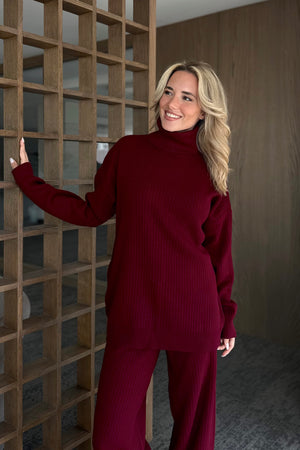 Bordo Boğazlı Fitilli Triko Takım - 4671