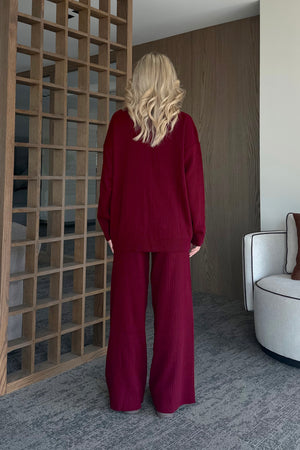 Bordo Boğazlı Fitilli Triko Takım - 4671