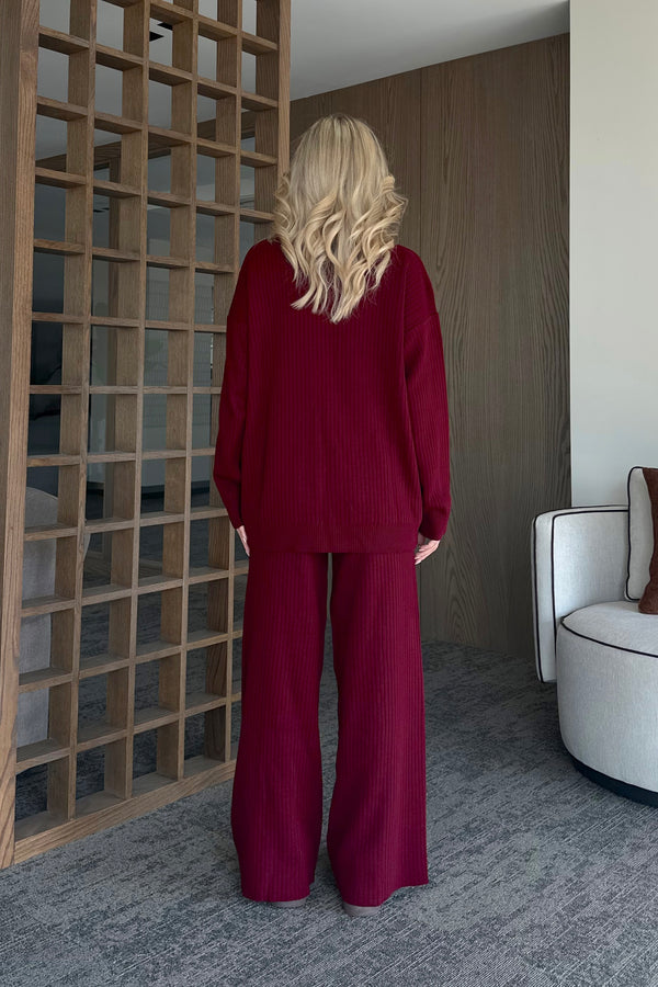 Bordo Boğazlı Fitilli Triko Takım - 4671