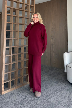 Bordo Boğazlı Fitilli Triko Takım - 4671