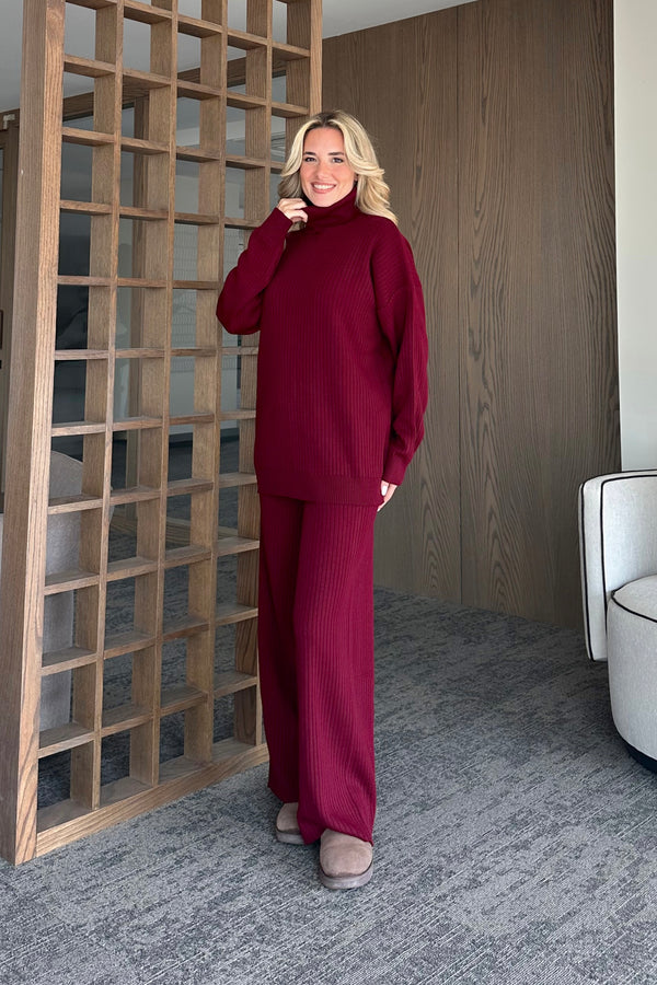 Bordo Boğazlı Fitilli Triko Takım - 4671