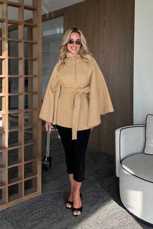 Camel Düğmeli Kuşaklı Kaşe Panço - 2055