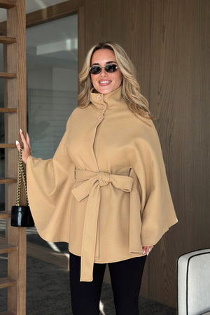 Camel Düğmeli Kuşaklı Kaşe Panço - 2055