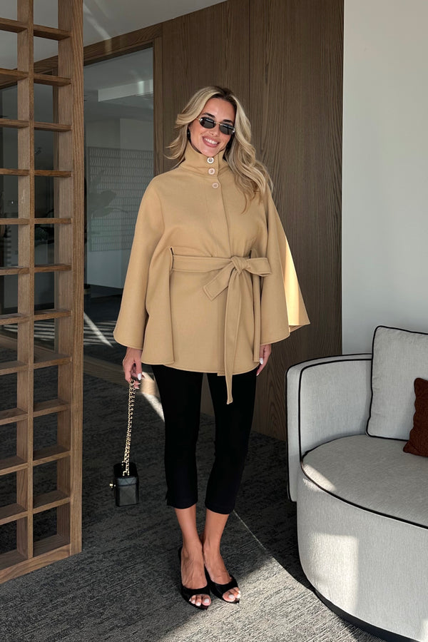 Camel Düğmeli Kuşaklı Kaşe Panço - 2055