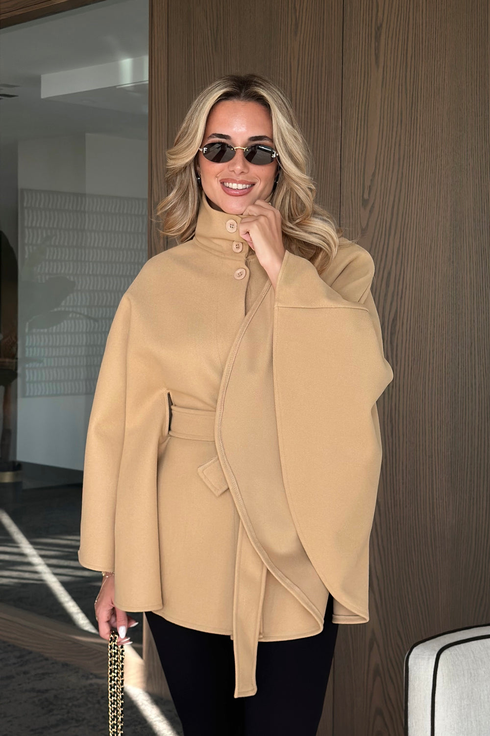 Camel Düğmeli Kuşaklı Kaşe Panço - 2055