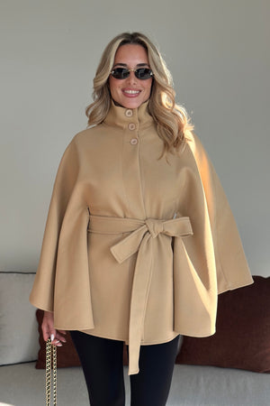 Camel Düğmeli Kuşaklı Kaşe Panço - 2055