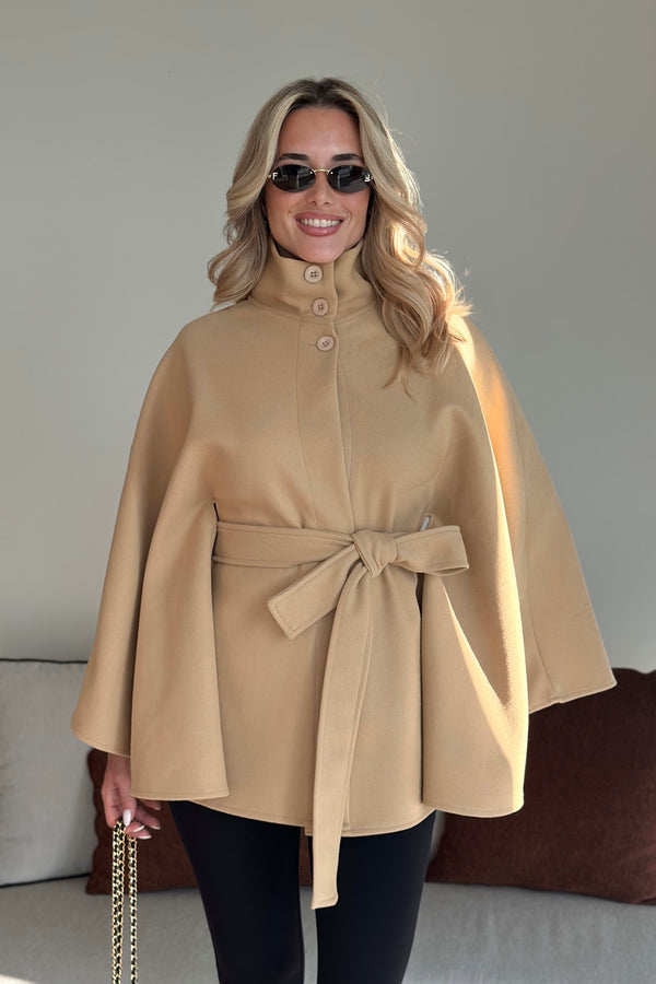 Camel Düğmeli Kuşaklı Kaşe Panço - 2055