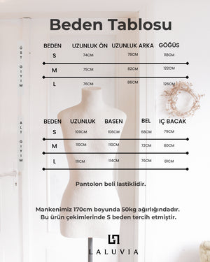 Haki gömlek bluz pantolon takiminin basen, bel ve ic bacak ölcülerini gösteren beden tablosu