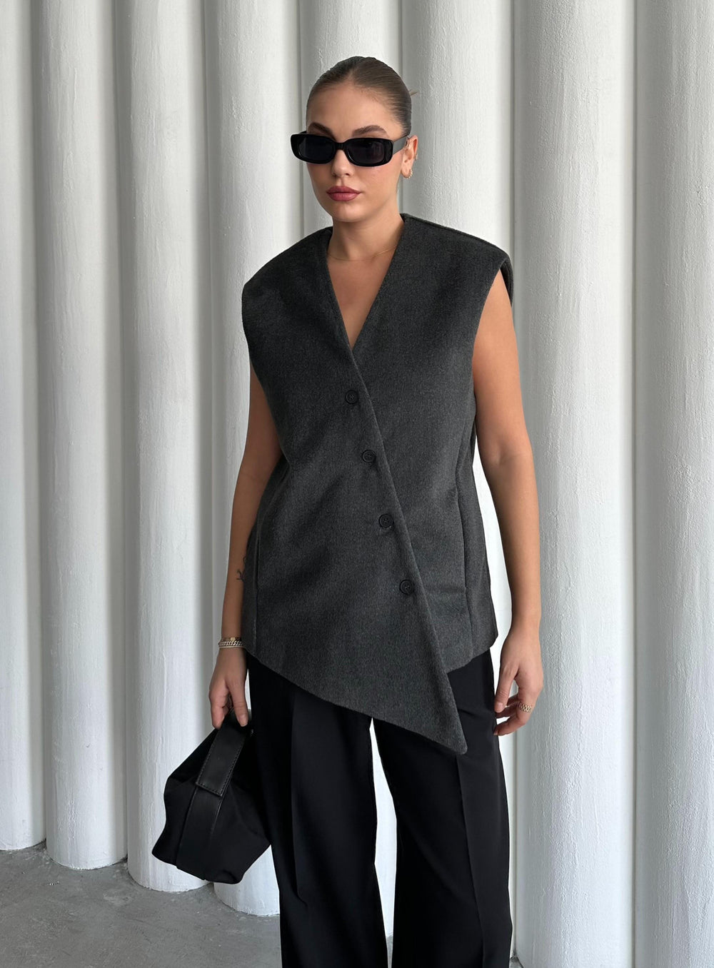 Antrasit Venedik Çapraz Düğmeli Yelek