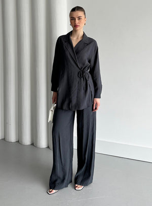 Antrasit Yaka Detaylı Bağlamalı Kimono Takım