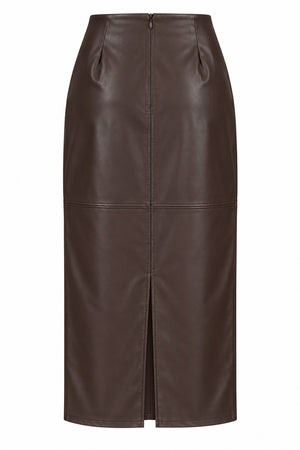 Kahverengi Yırtmaçlı Maxi Deri Etek - 0029
