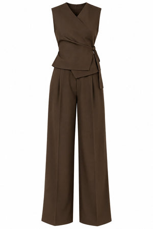 Kahverengi Donna Kruvaze Yaka Yelek Pantolon Takım - 3y8496