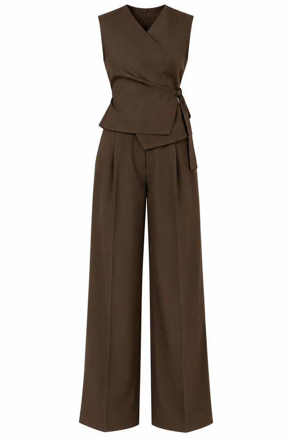 Kahverengi Donna Kruvaze Yaka Yelek Pantolon Takım - 3y8496