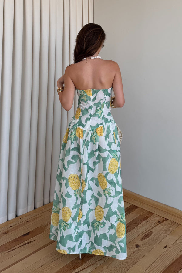 Yeşil Ananas Desenli Straplez Elbise - 4221