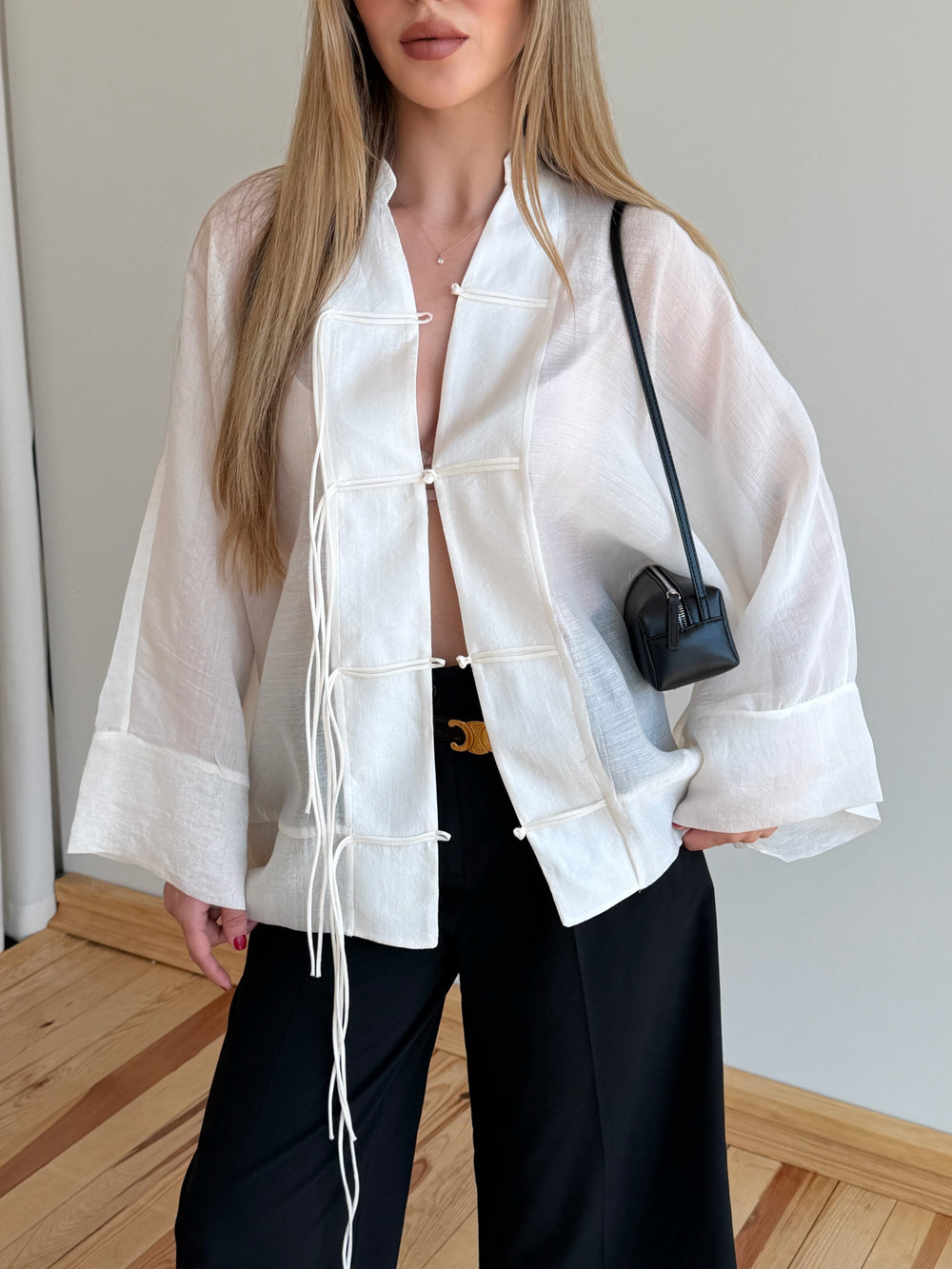 Kırık Beyaz İp Bağcıklı Transparan Kimono - 5098