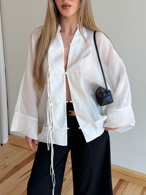 Kırık Beyaz İp Bağcıklı Transparan Kimono - 5098